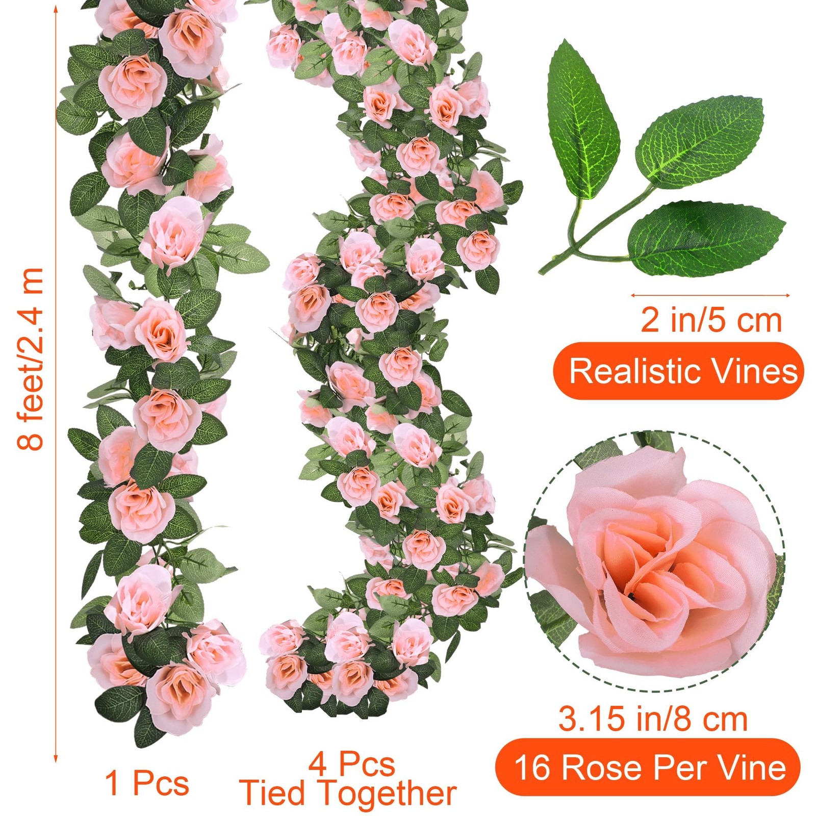 Aneco 4 Pack 32 FT Pink Flower Artificial Rose Vines Roses Fake Vine Flowers …