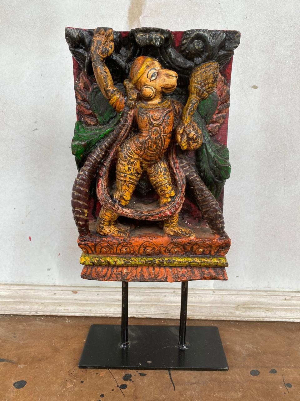 Hand Carved Wooden Hanuman Panel Sculpture Vintage Hindu Temple Decor Art