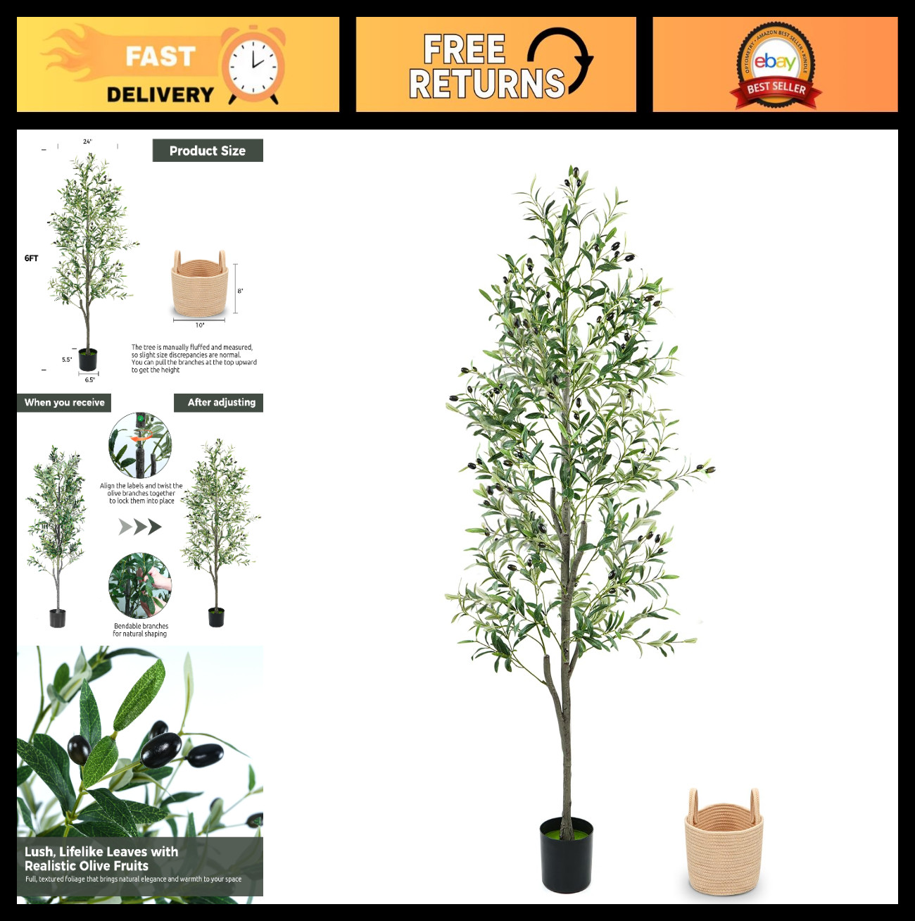 6FT Artificial Olive Tree – Realistic Faux Plant with Woven Basket & Wood Trunk,