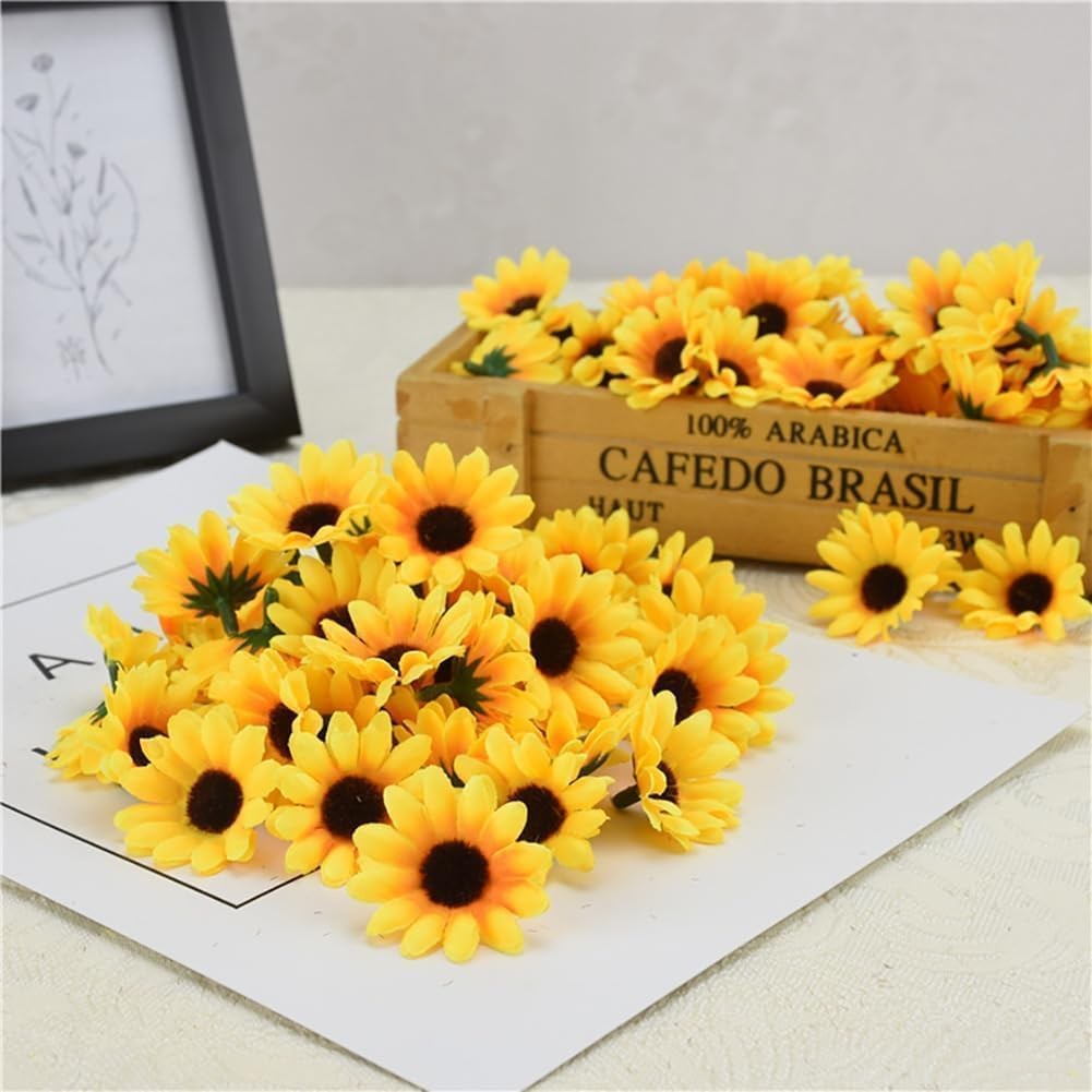 100Pcs Yellow Artificial Flower Heads Fabric Flowers Craft Floral Embellishme…