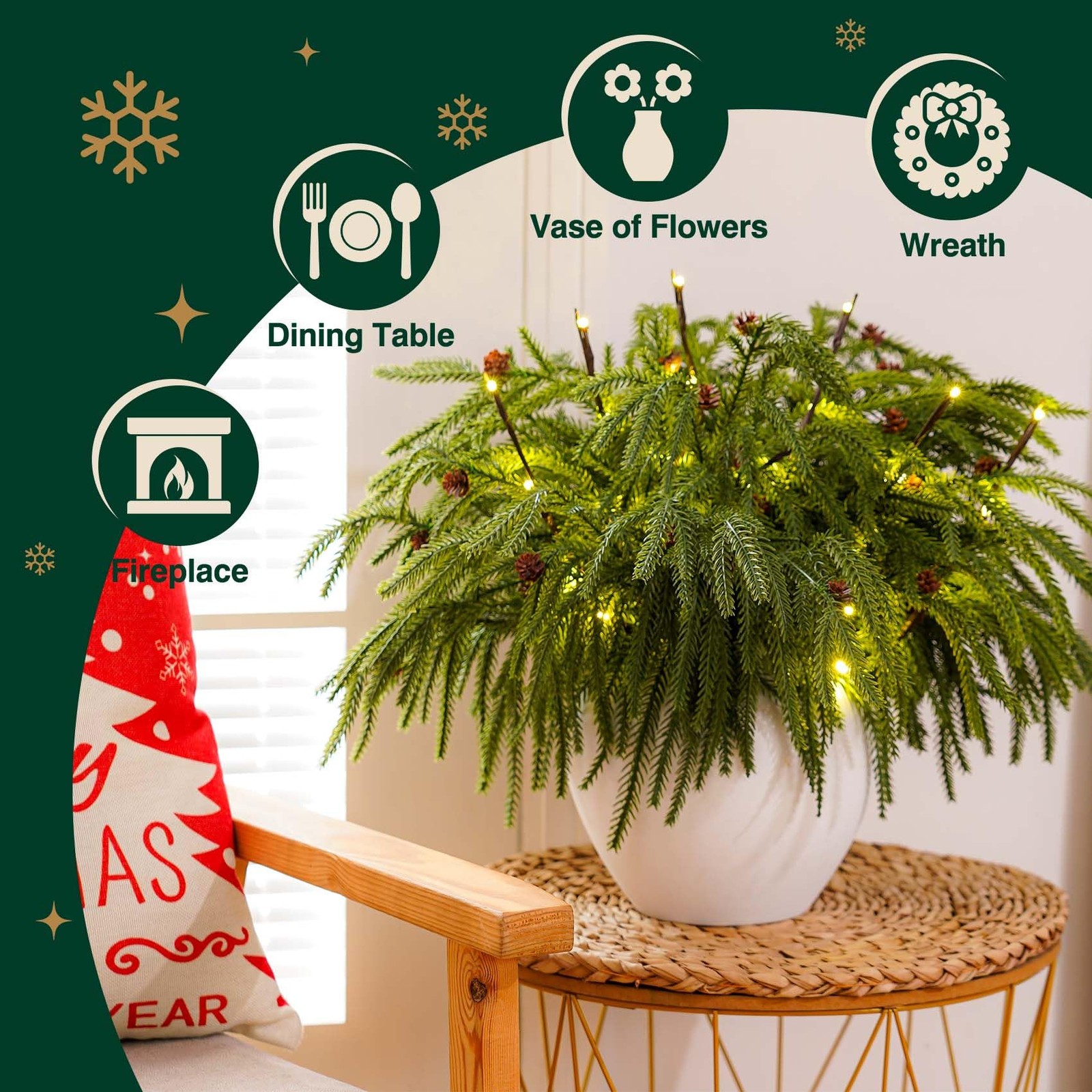12 Pcs Christmas Norfolk Pine Branches with Branch Lights – 18″ Norfolk Pine …