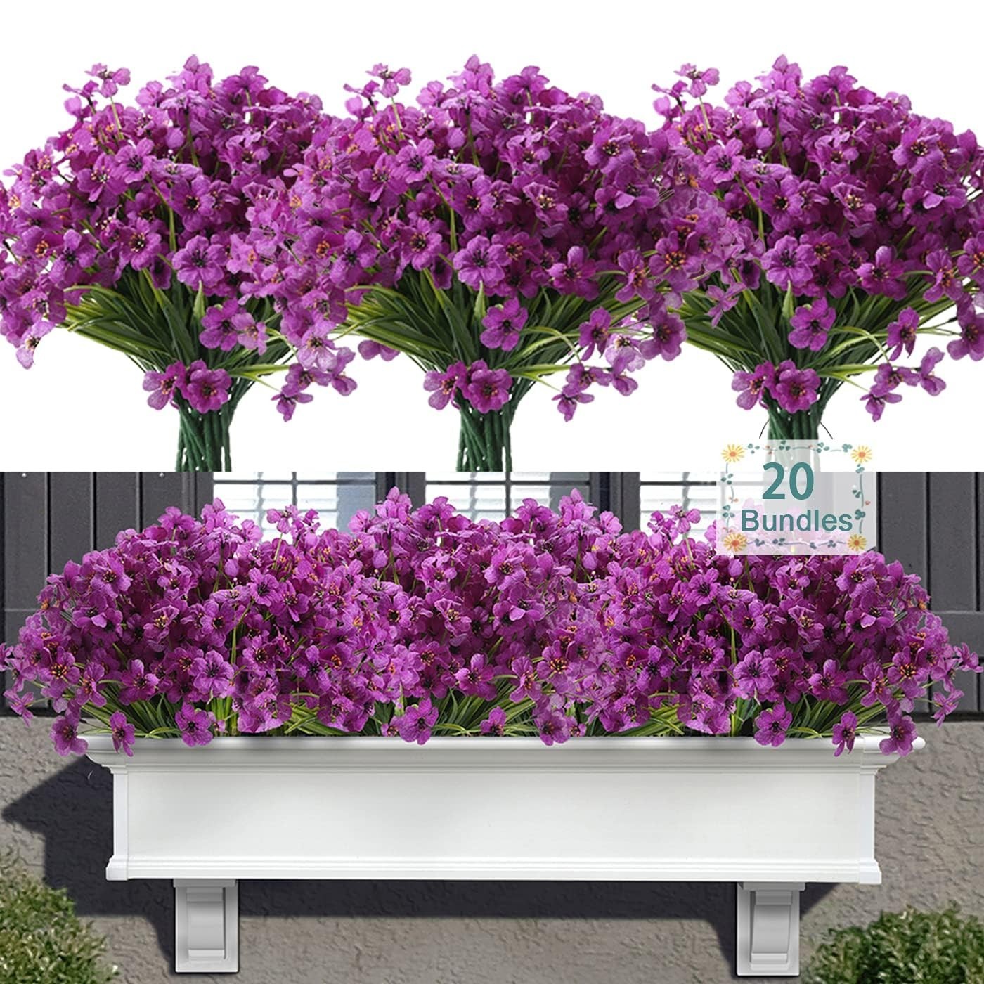 20 Bundles UV Resistant Artificial Flowers – Realistic Faux Silk Plants for Outd
