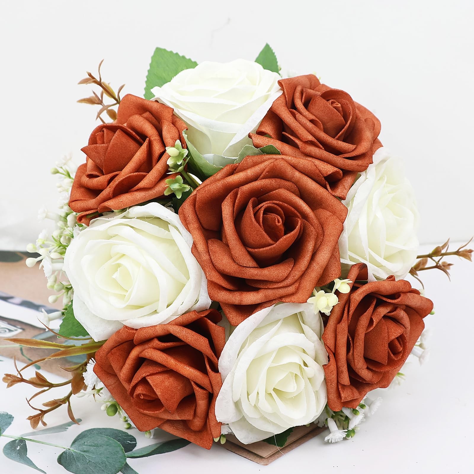 2 PCS 7 Inch Burnt Orange Rose White Baby’s Breath Wedding Bouquet Set