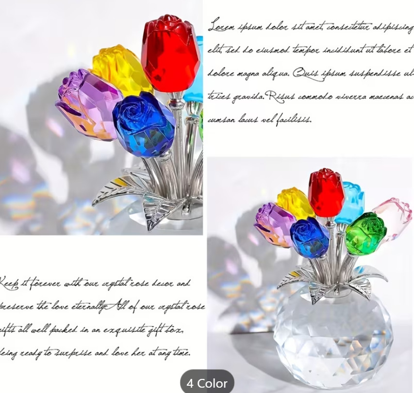 Rainbow Crystal Gemstone Rose Flower Colorful Bouquet Eternal Ornament Gift