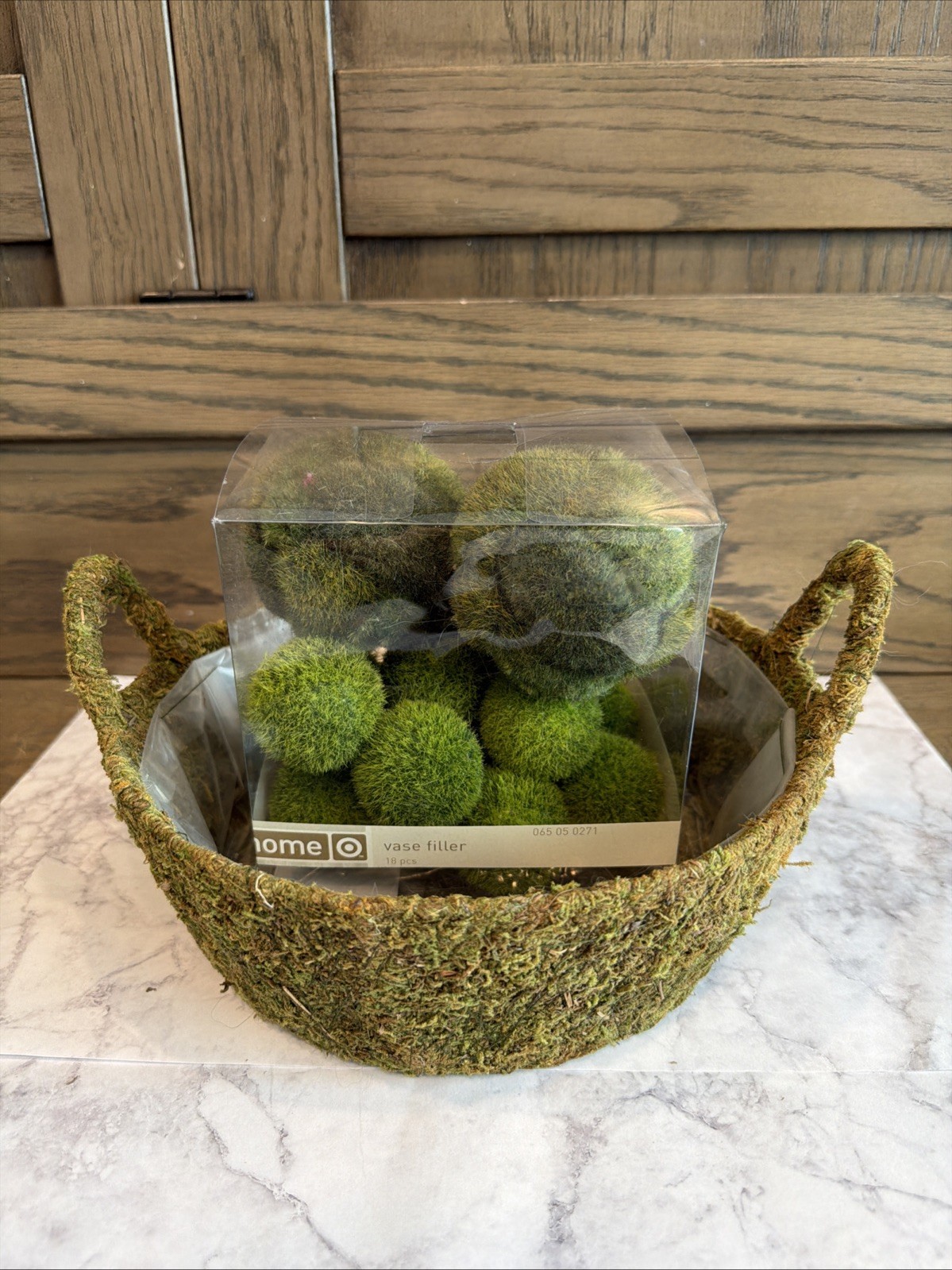 Rustic Moss Basket Planter w/ Handles + Moss Ball Vase Filler