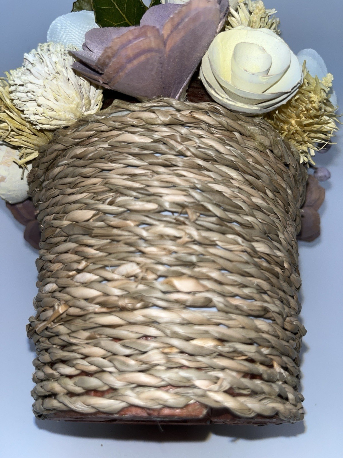 Sola Wood Rose Floral Arrangement Lavender Mauve Ivory Faux Flower Weave Basket
