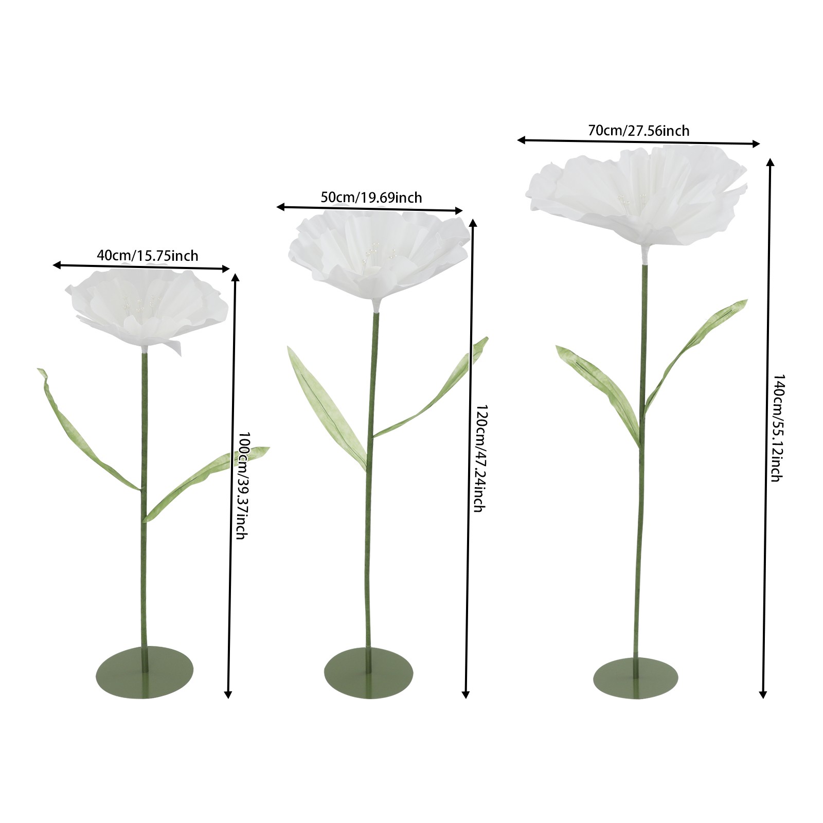 3pcs Giant Artificial Flower Poppy Free Standing Adjustable Wedding Decor White