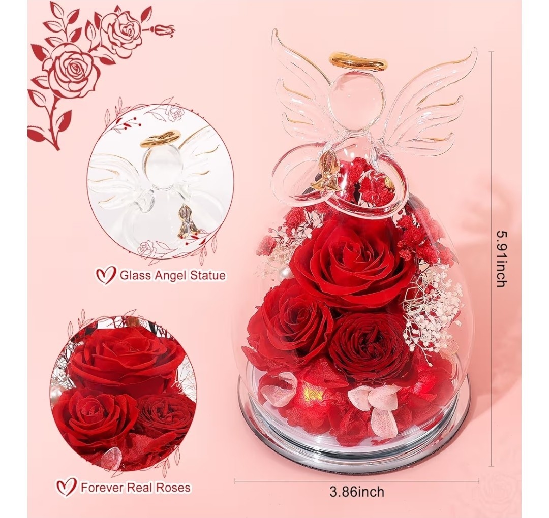 Glass Angel Figurines Real FlowersRed (Rose, Austin, Baby’s Breath, Hydrangea