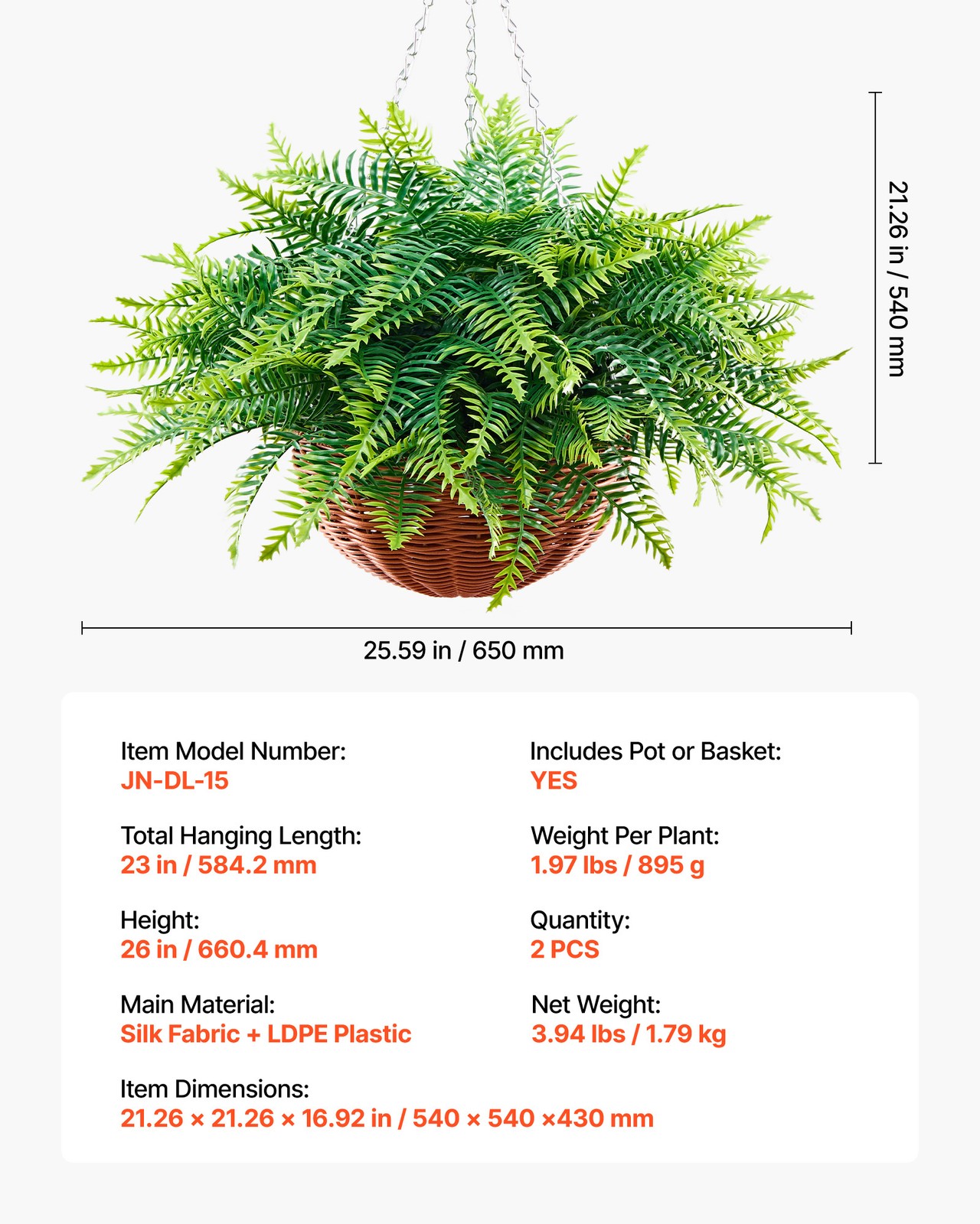 VEVOR 23″ Artificial Hanging Boston Fern Bush Wall Wedding Party Decor 2 Pcs