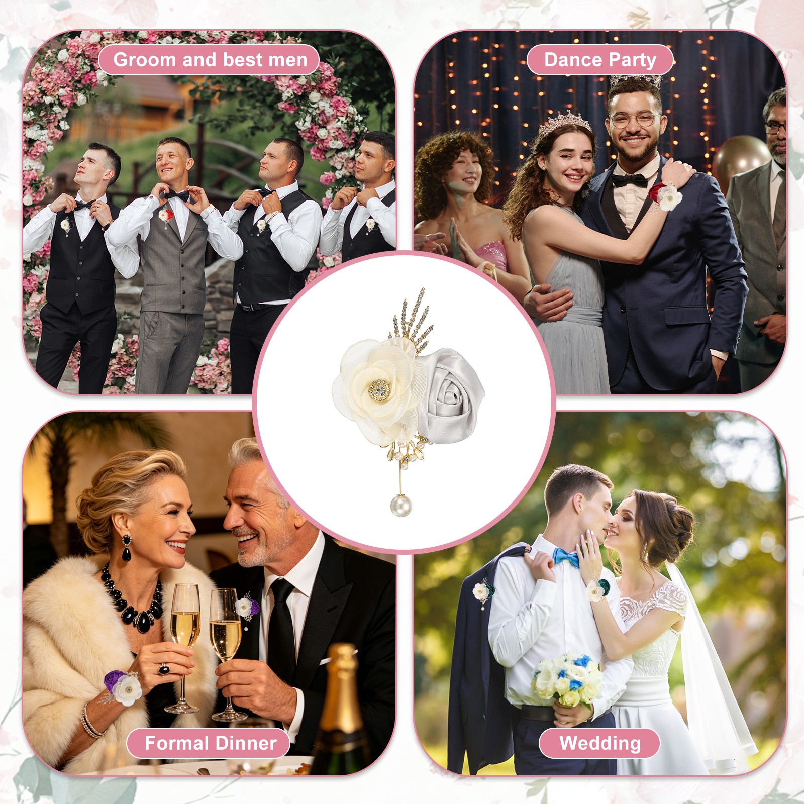 Rose Boutonnieres for Men, 6Pcs Mens Boutonnieres Lapel Flower, Silver