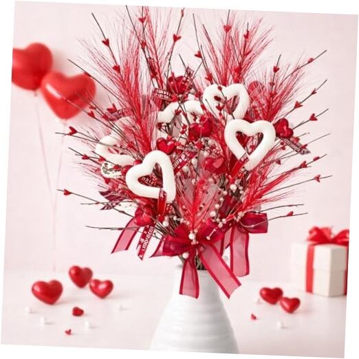 6 Pcs Valentine’s Day Heart Shaped Berry Feather Picks 19.7 Inch Artificial