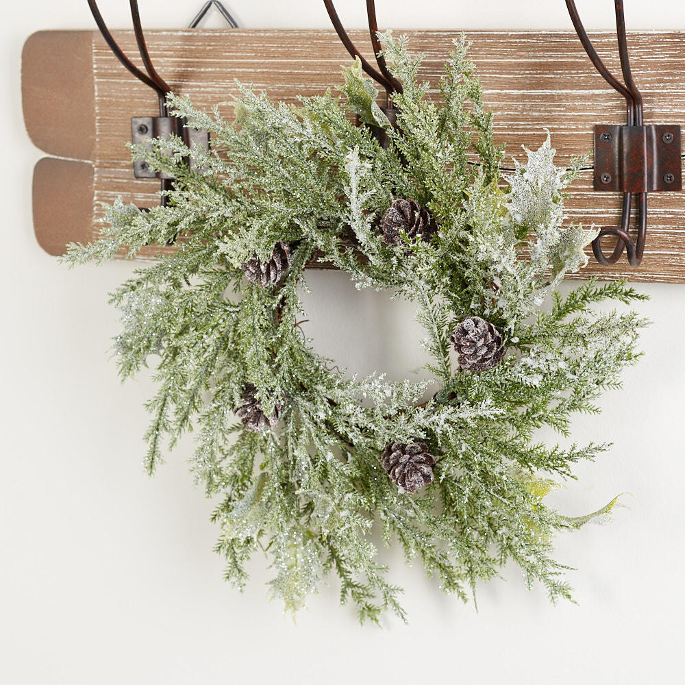 Factory Direct Craft Snowy Artificial Cypress Pine 10″ Wreath with Pinecones