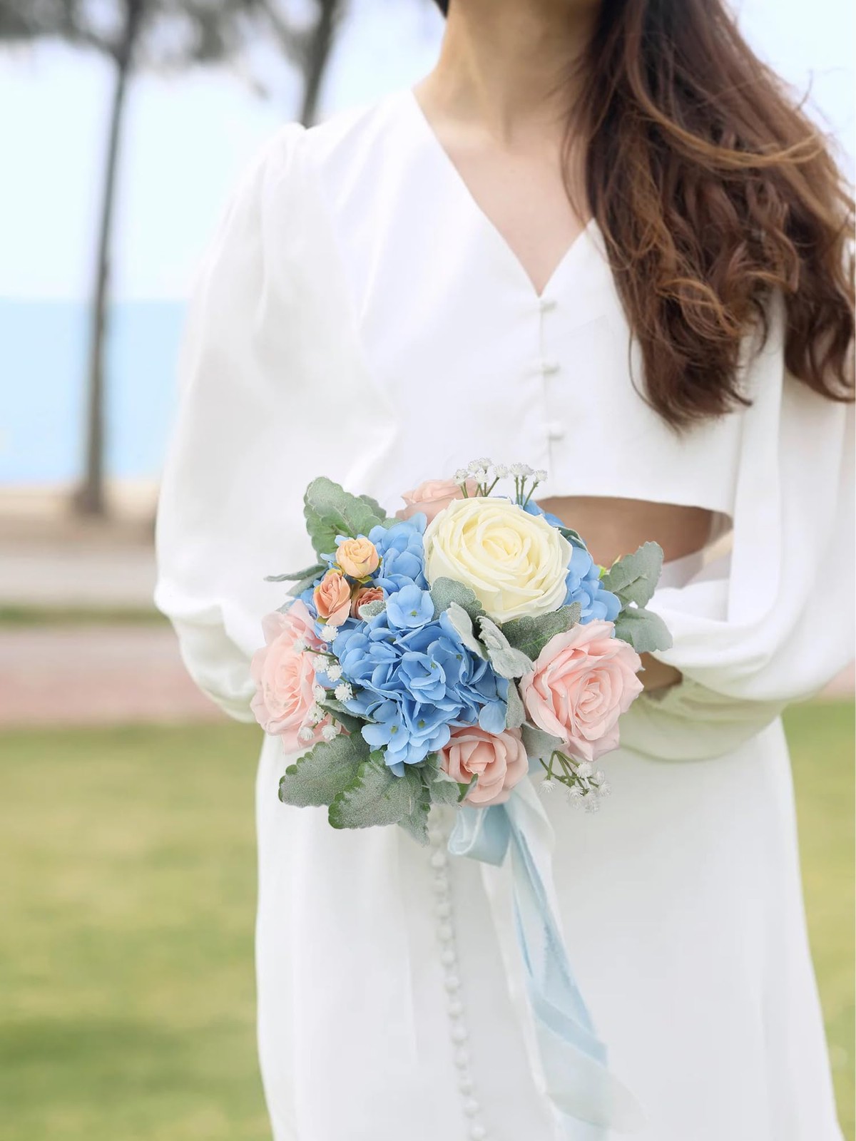Pink Blue Artificial Flowers Bridesmaid Bridal Bouquet Wedding Prom Decor