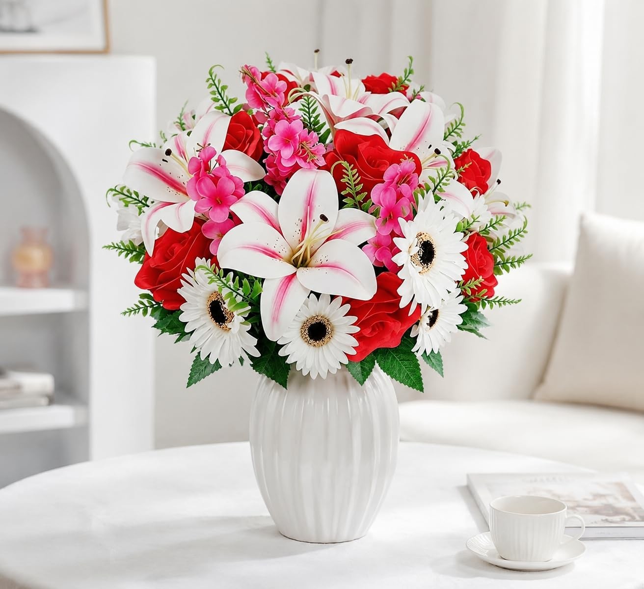 2 Pcs Cemetery Flowers For Grave 19.6 Inch Lilies Silk Floral Arrangement