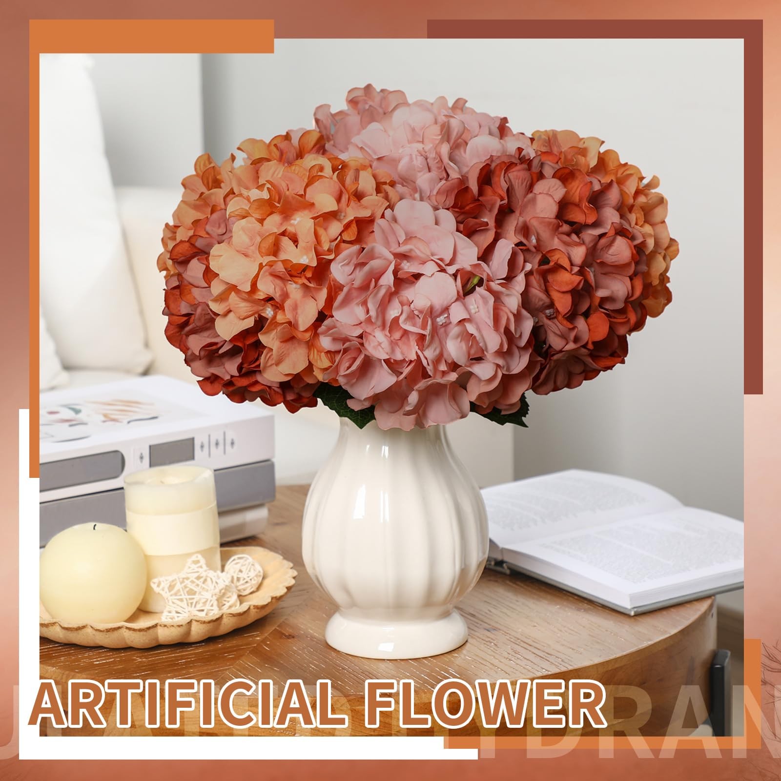 9 Pcs Burnt Orange Fall Hydrangea Artificial Flowers 23.6″ Vintage Faux Silk …