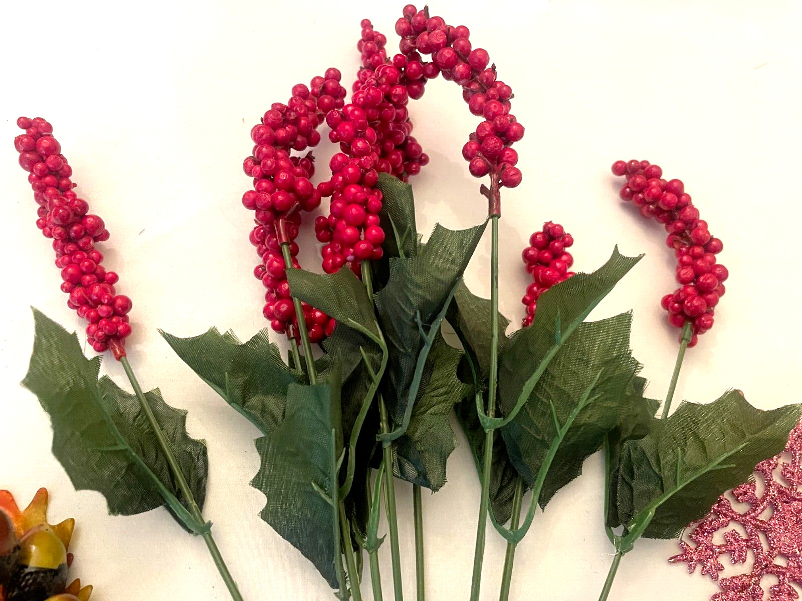 6 Flower Picks Assorted Sizes – Acorn, 4 Glitter Snow Flakes, Red Berry, Vintage