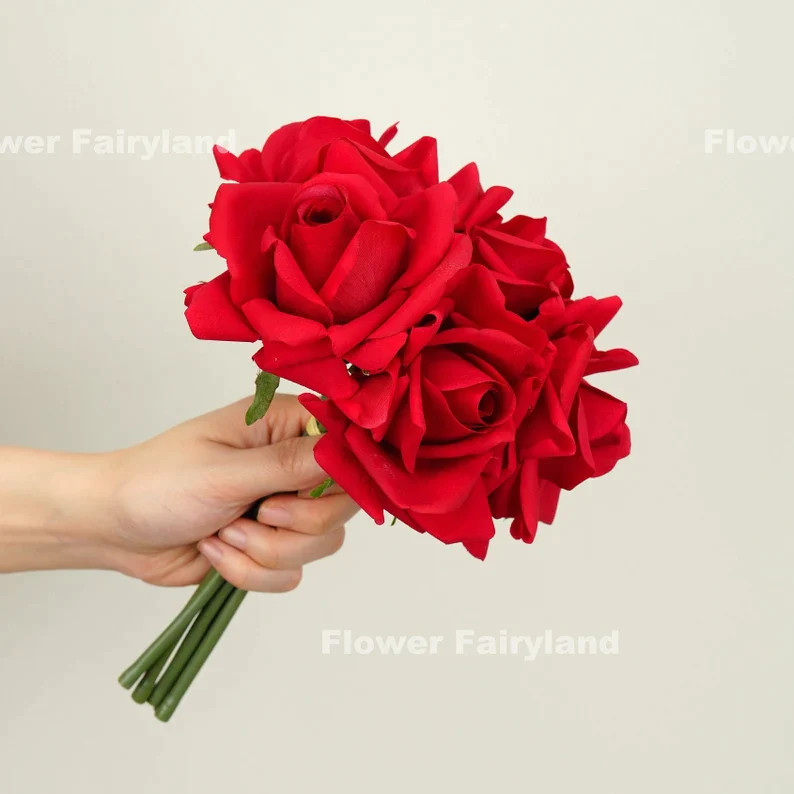 5 Stems Real Touch Moist Latex Rose Bouquet – Bright Red | Artificial Flower