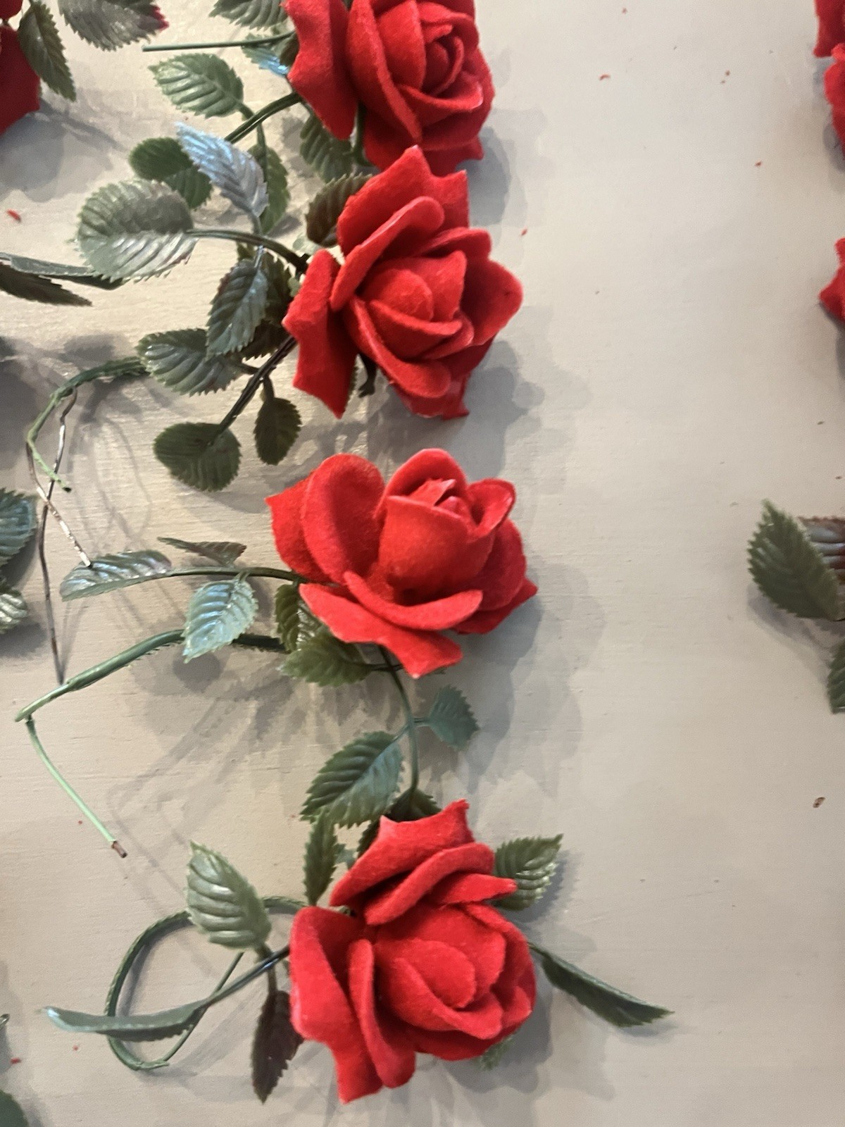 Vintage 29 flocked Plastic Red Roses Wired -6 NOS & 23 Unbagged Floral Decor