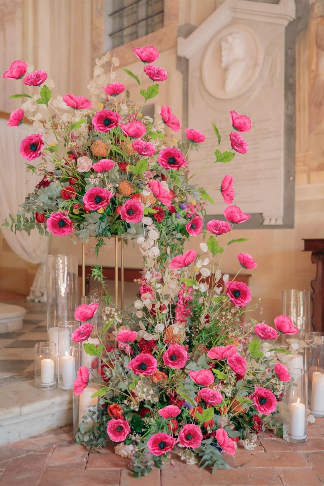 6 PCS Hot Pink Artificial Poppies Silk Flowers 32 Inch Wedding Party Decor