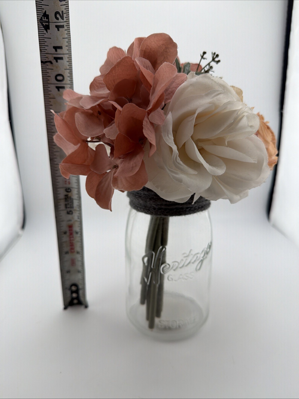 Flower Arrangement Rose, Blush, Peach, Green Mason Jar Artificial 11” Glass