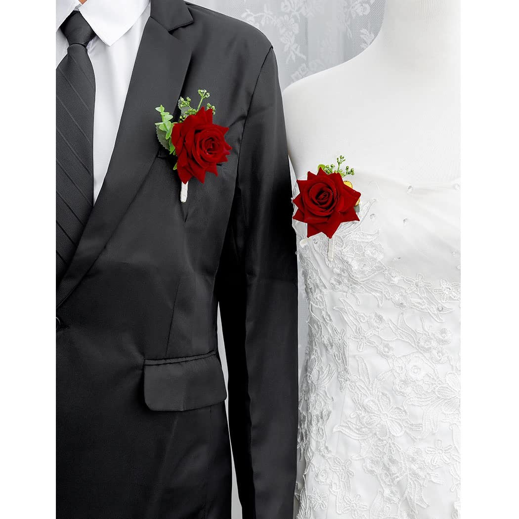 Wedding Flower Boutonniere Groom Rose Buttonholes Prom Suit Decor Red Wine