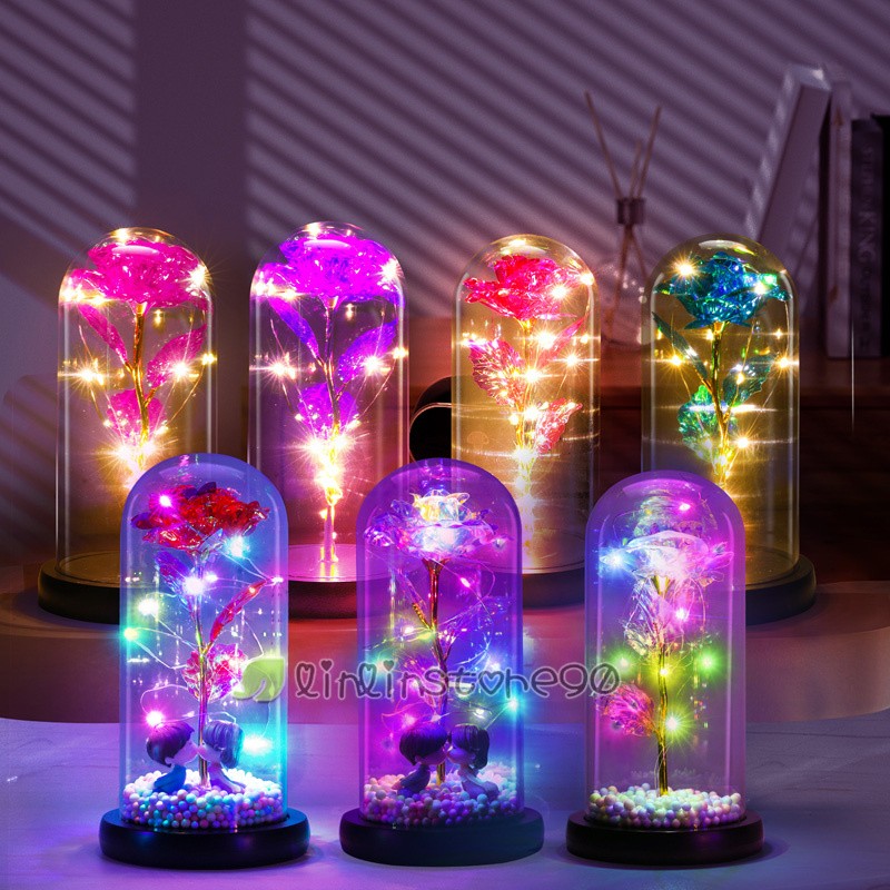 Enchanted Eternal Rose Flower In Dome Glass LED Night Light Anniversaries Gift