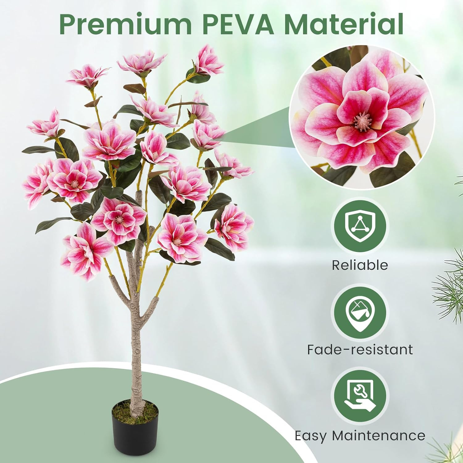 51” Artificial Magnolia Tree, Faux Flower Plant with PEVA Leaves, Multi-Branch T