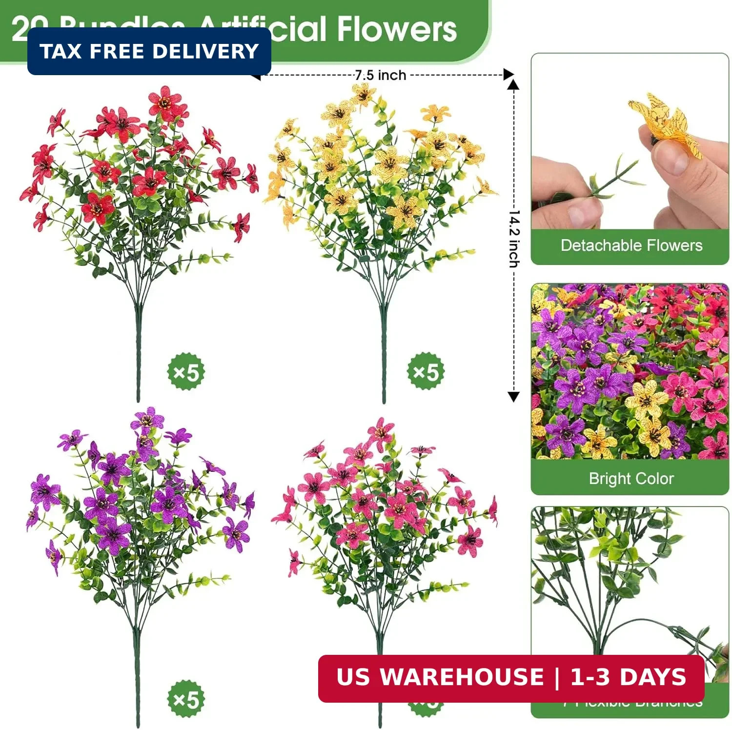 Bassion 20 Bundles Artificial Flowers for Outdoors Decorations, UV Resistant Fau