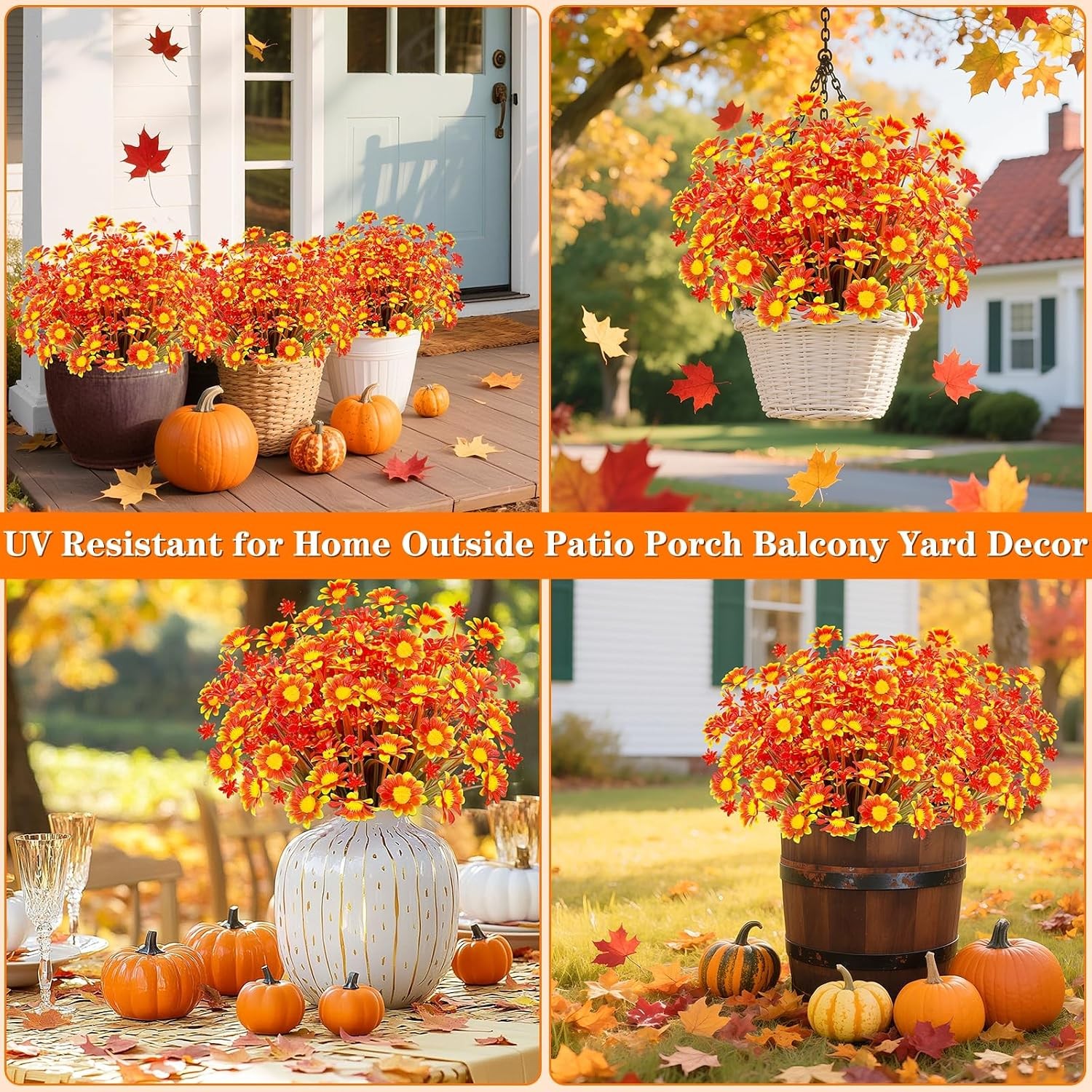 8 Bundles Artificial Mums for Outdoors Fall Flowers UV Resistant Fall Decor |