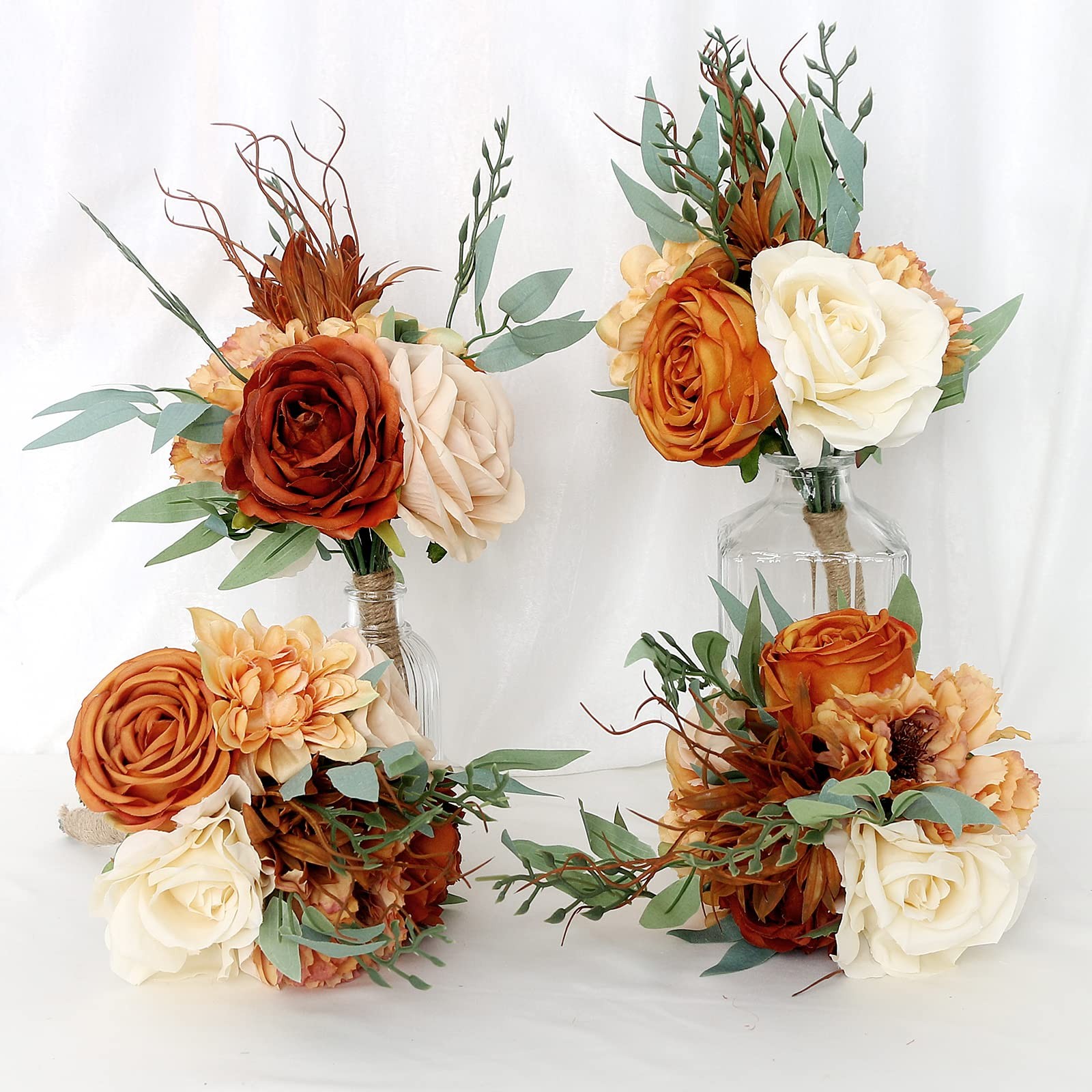 4 PCS 7 Inch Burnt Orange Artificial Flowers Bridesmaid Bouquet Wedding Decor