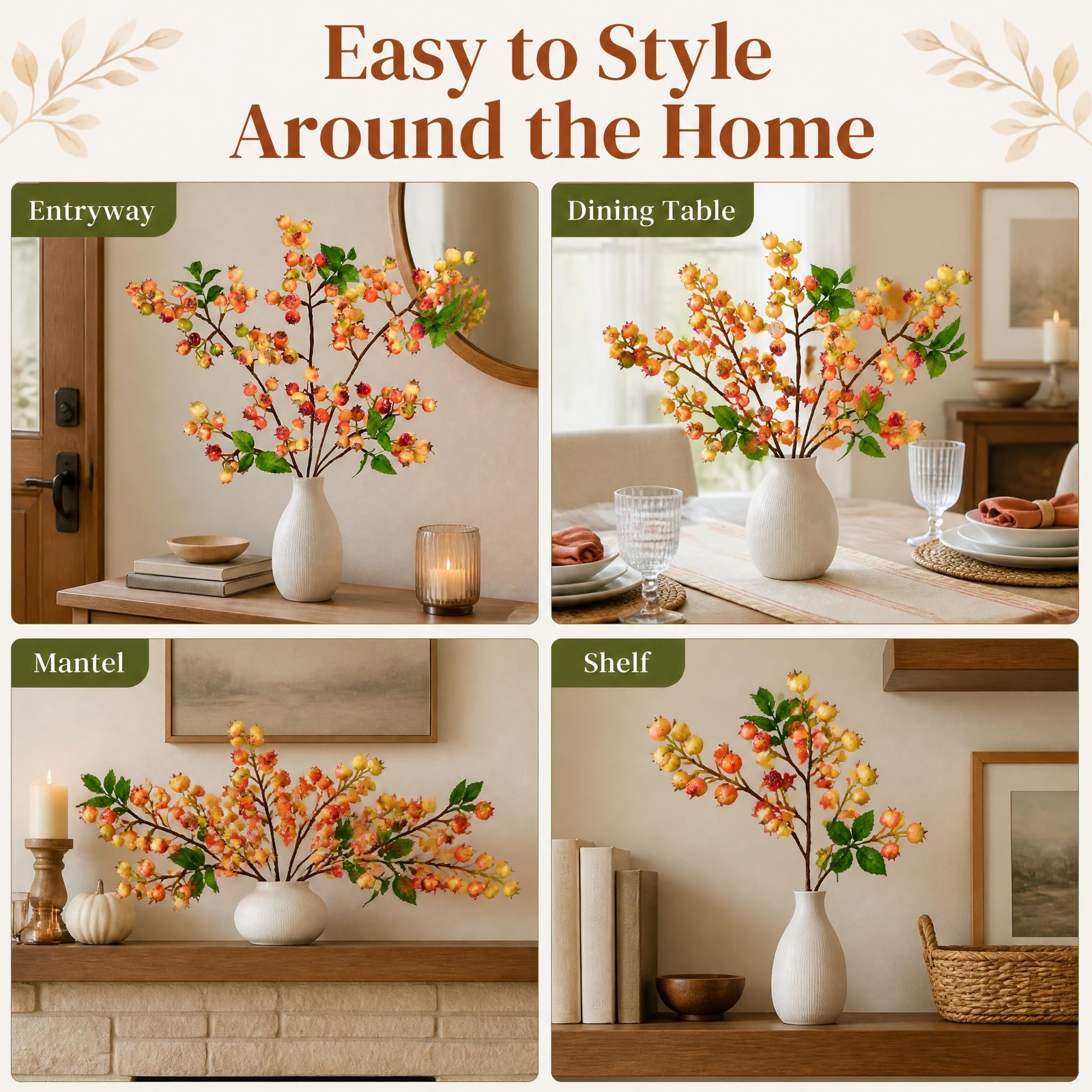 Fall Artificial Berries Stems 3Pcs Fake Blueberrys Orange Fruit vase Filler