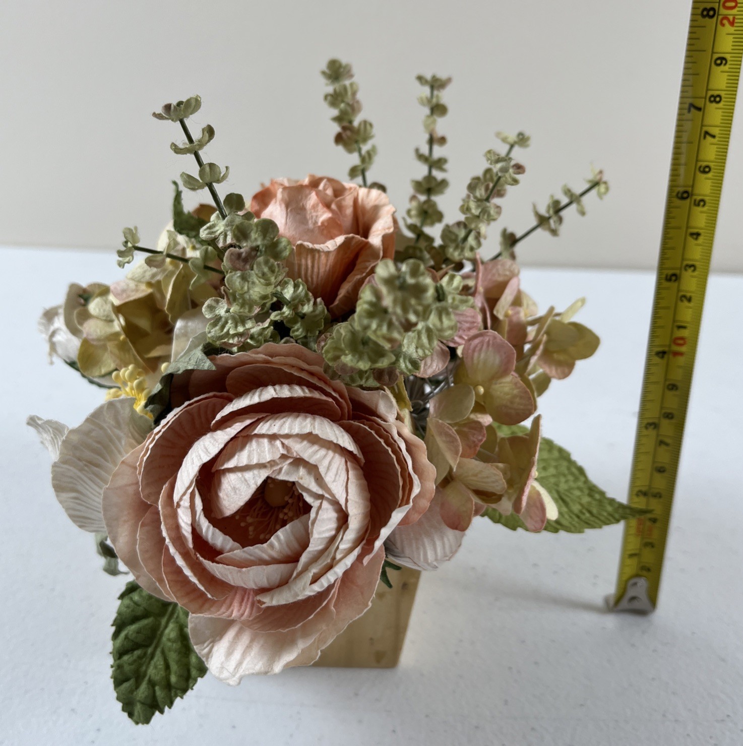 Paper Flower Arrangement With Wooden Base Hydrangeas And Roses Peach Color