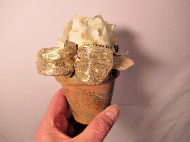 Vintage Paper Rose in Terracotta 3″ pot w/ Gild & Moss finish-Gold Bow- Romantic