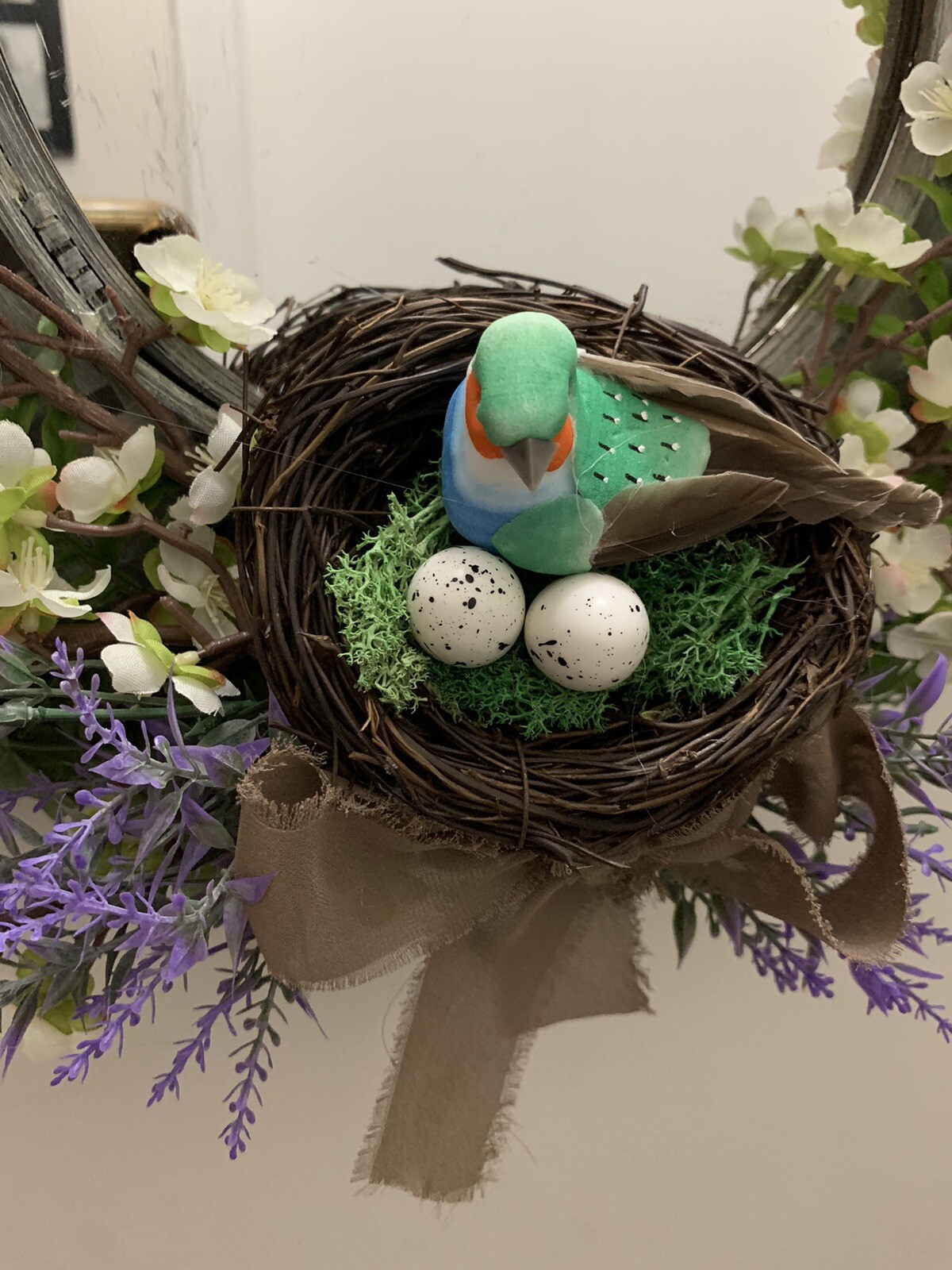 Hand Made Wicker Mirror Flower Bird Nest Wall Hanging Floral Arrangement ￼