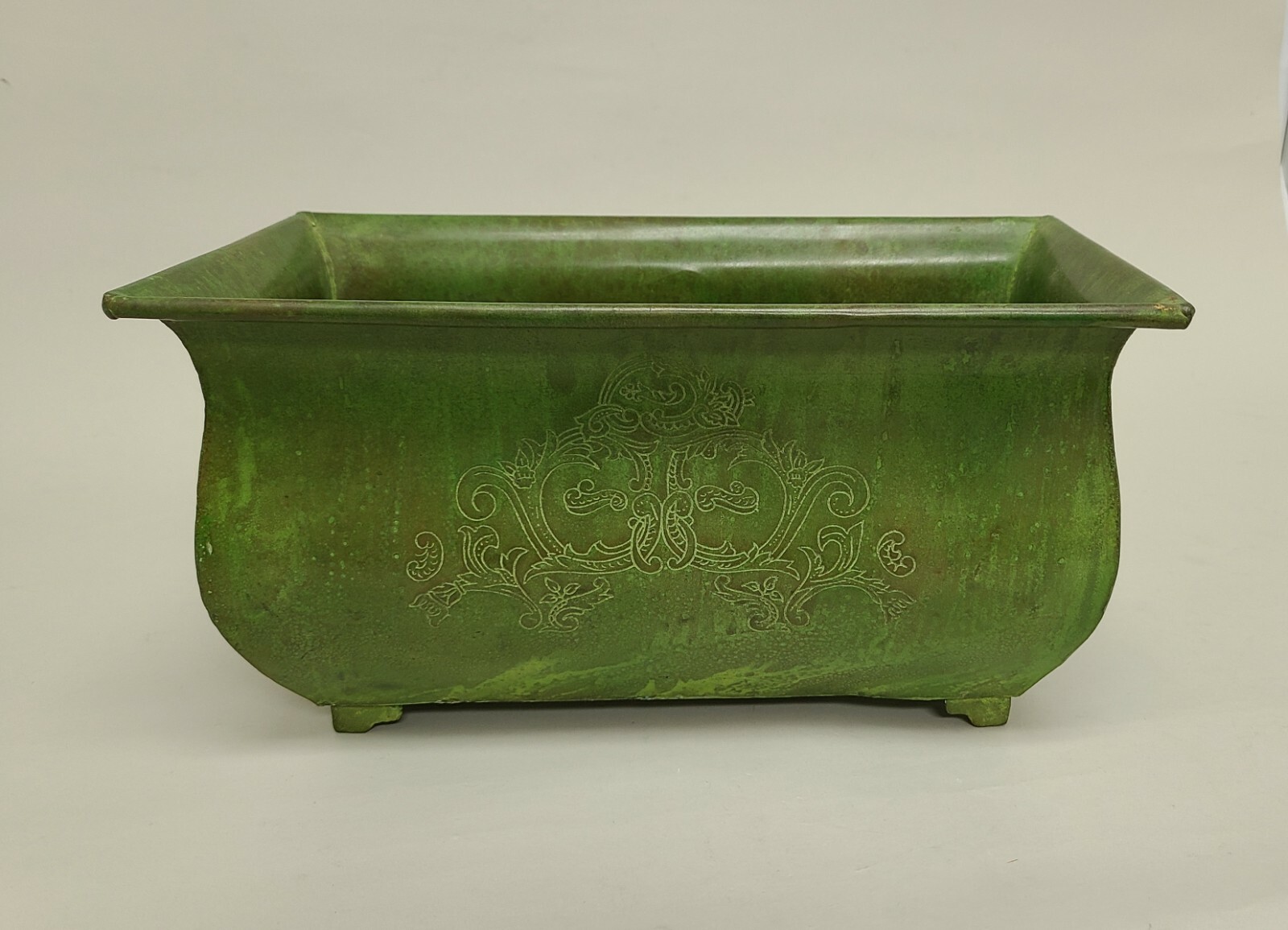 Planter Green Patina on Brass 4 Feet Etched 6″ x 12″ x 6.5″High FREE SHIPPING