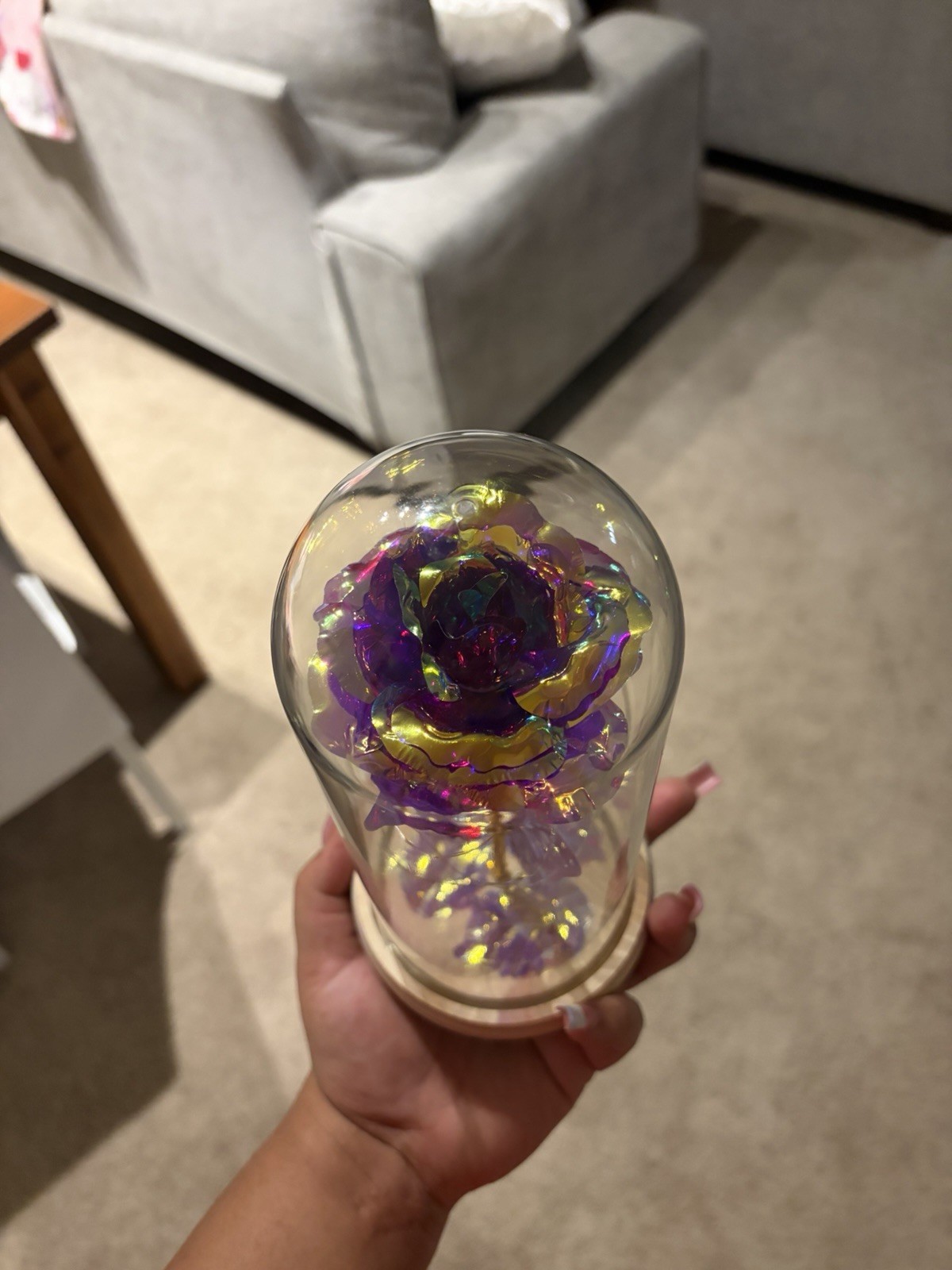 LED Light Up Artificial Purple Rose & Butterfly Glass Dome Cloche Wood Base