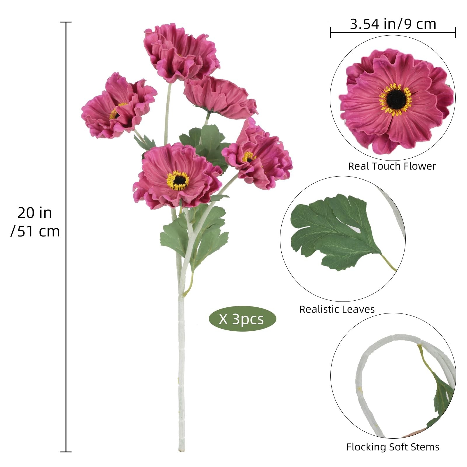 15 Heads Poppy Flowers Artificial, 3PCS PU Real Touch Hot Pink Flowers Faux P…