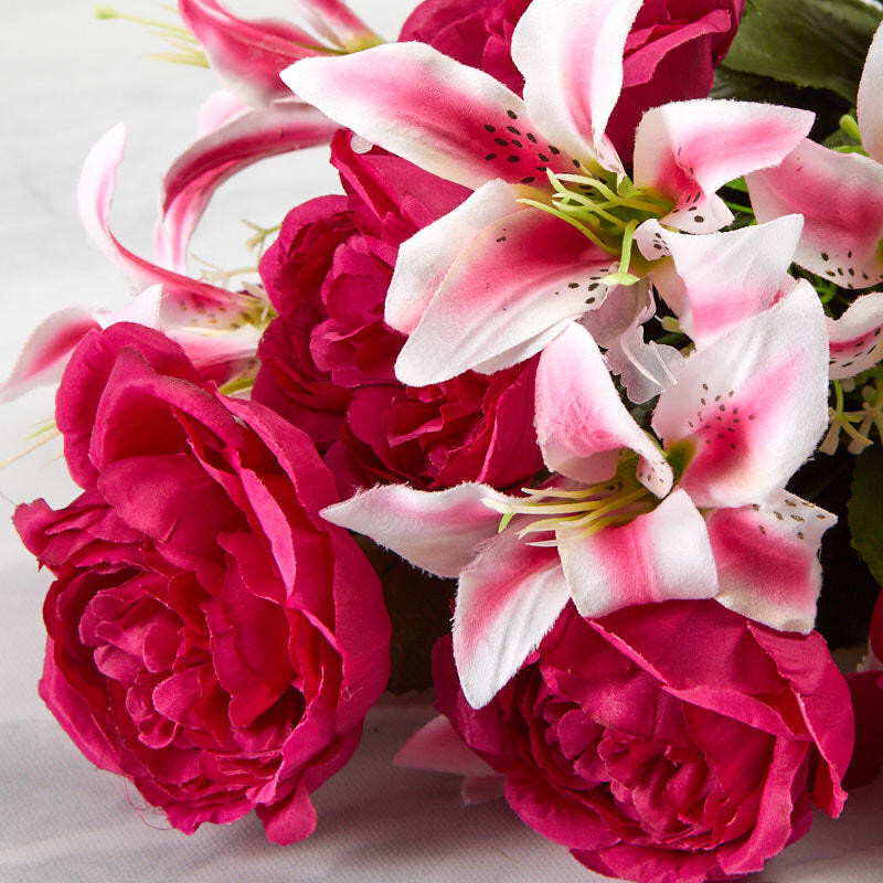 Factory Direct Craft Colorful Fuchsia Poly Silk Rose and Lily Mixed Floral