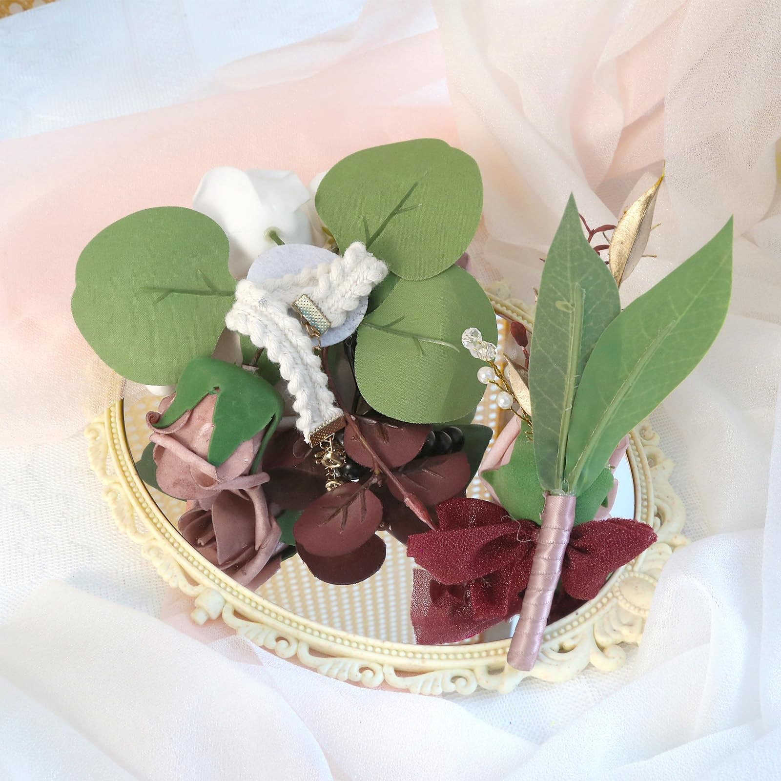 2 PCS Dusty Pink Rose Wedding Corsage Boutonniere Set Wristlet Prom Decor