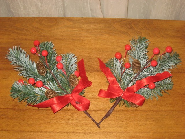 4 SPRINGS OF PINE, RED BERRIES, CONES & RED SATIN RIBBON