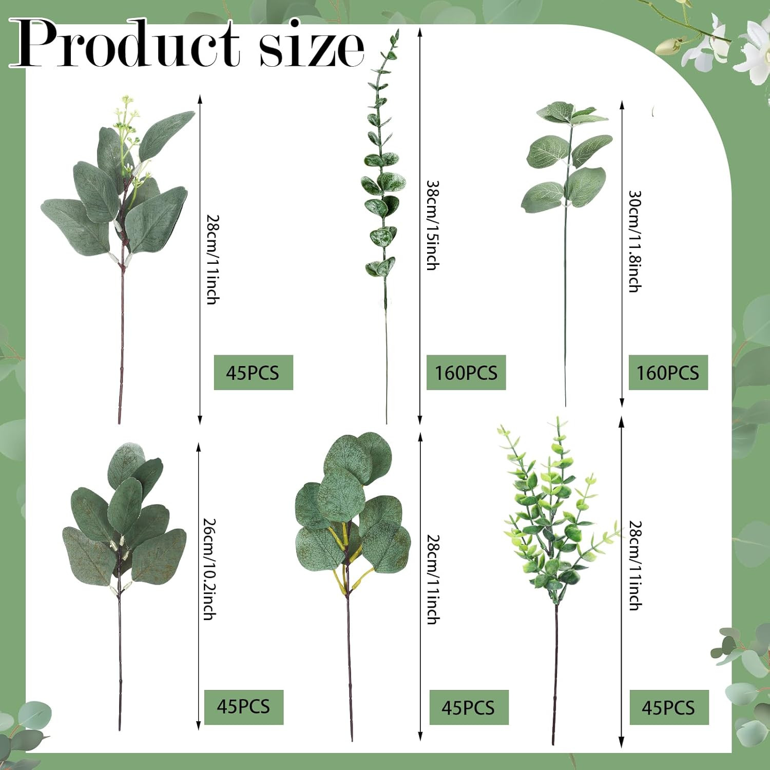 500 Pcs 6 Kinds Mixed Greenery Stem Artificial Faux Eucalyptus Leaves Silver Dol