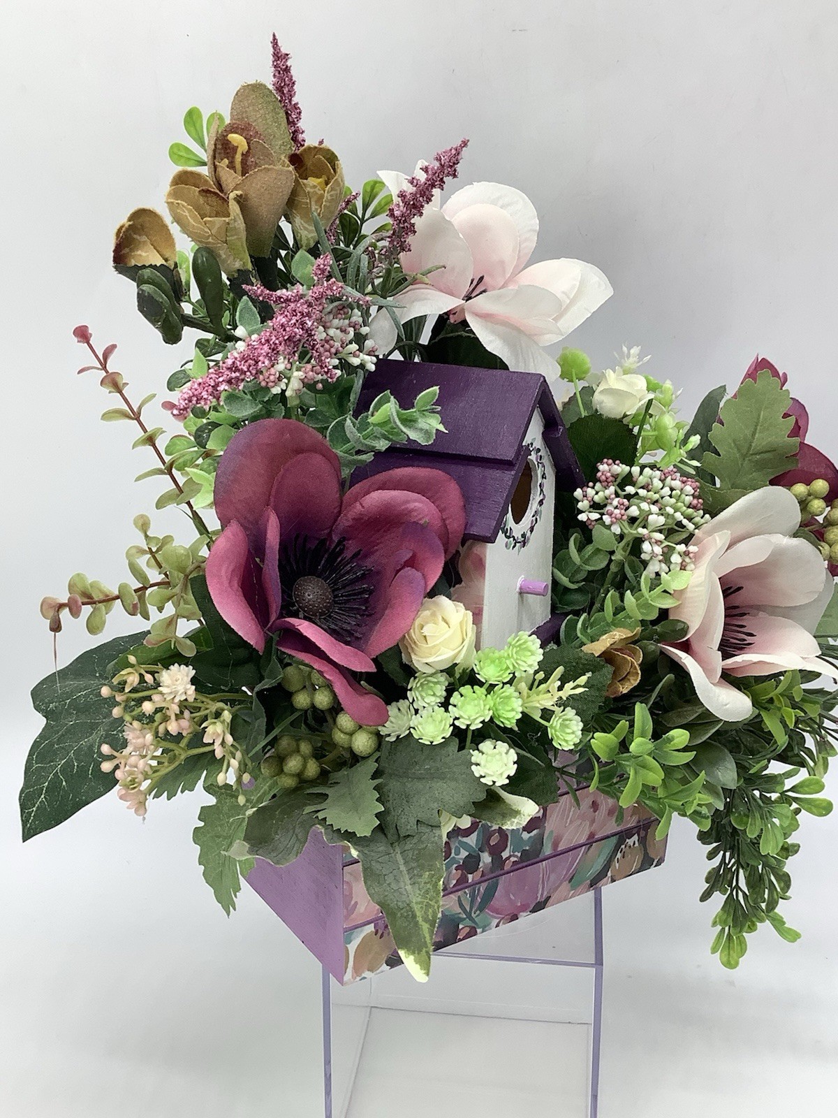 Handmade Purple Floral Arrangement With Hand painted Wood Birdhouse