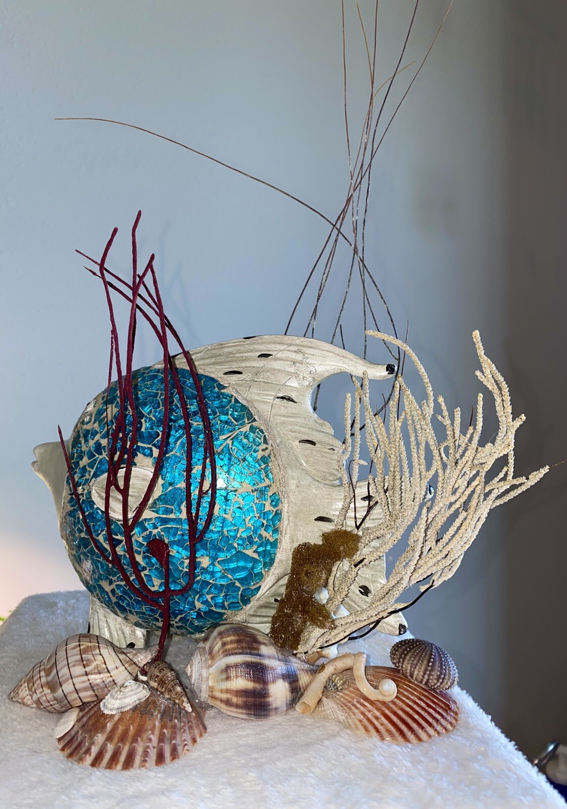 Under The Sea Teal Fish Arrangement, Table Art, Swimming Fish, Seashells