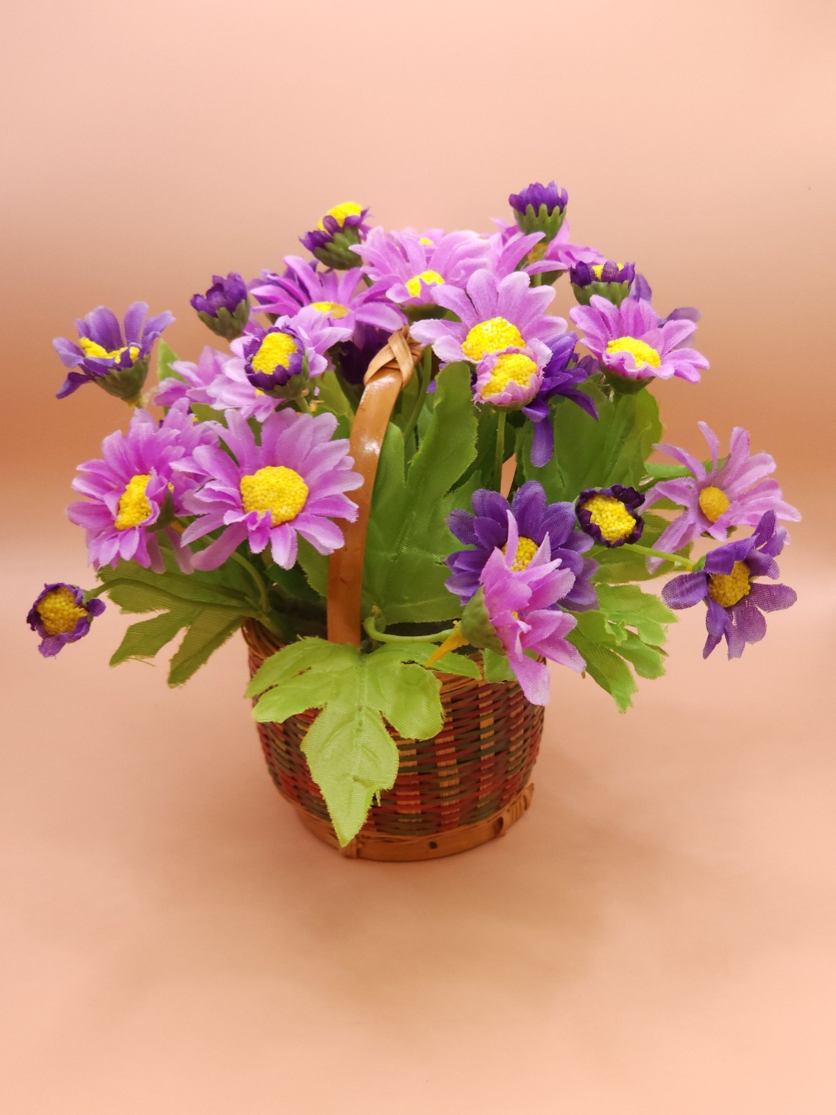 Vibrant Purple & Yellow Daisy Faux Floral Arrangement in Wood Woven Basket