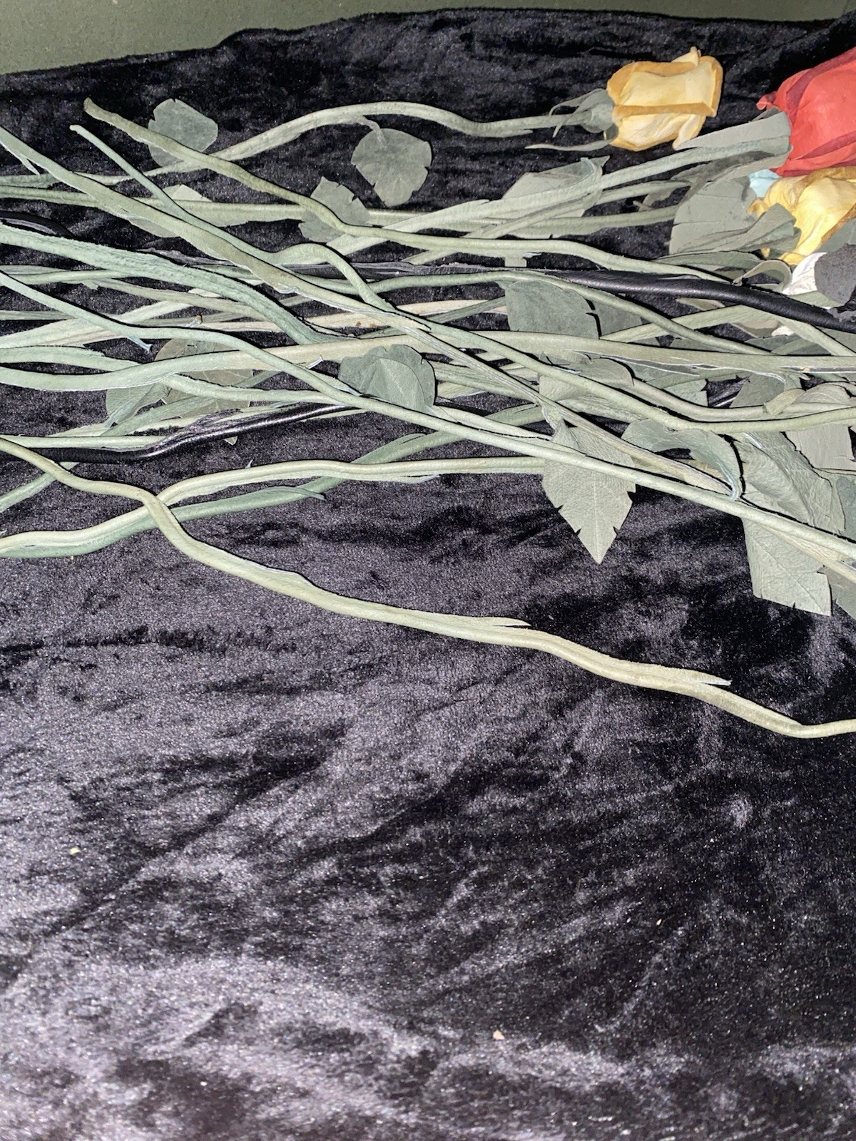 Vintage Handcrafted artificial leather roses in assorted colors with green stems
