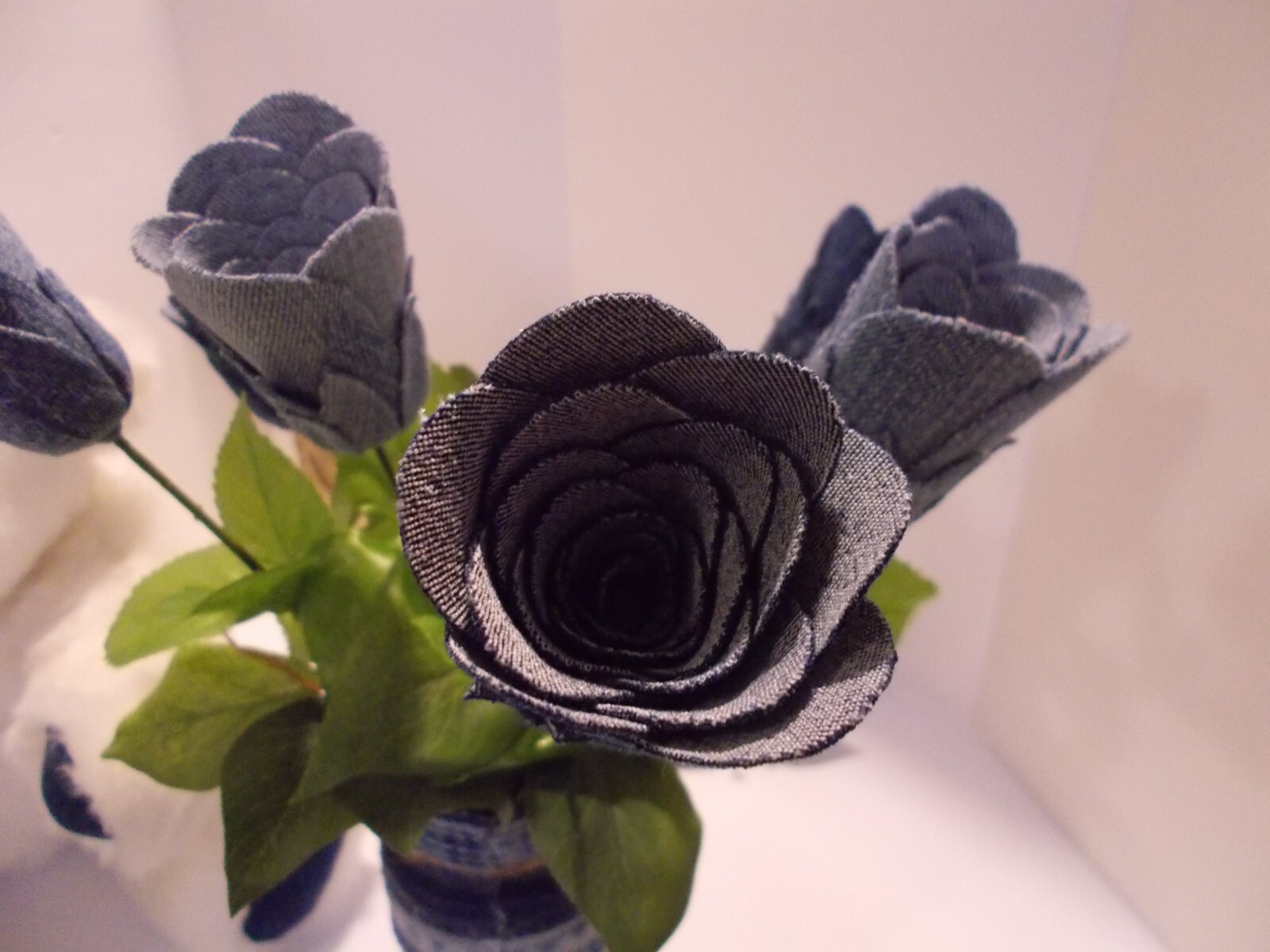 Handcrafted Denim 6 Rose Bouquet in Denim Seams Vase w Teddy Bear Upcycled Denim