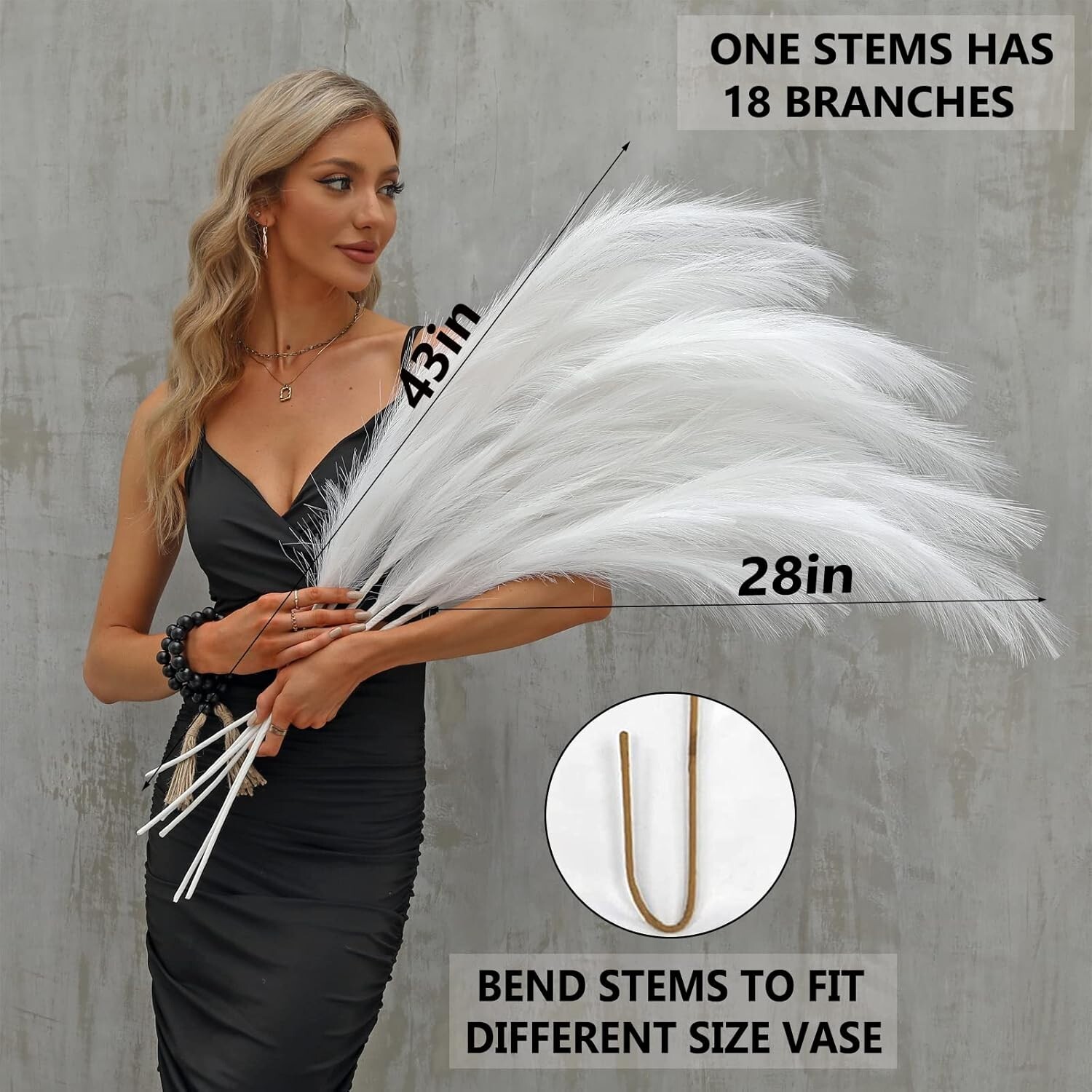 43″ Fake Dried Pampas Grass, 4 Pcs Natural Fluffy White Faux Pompous Grass, T…