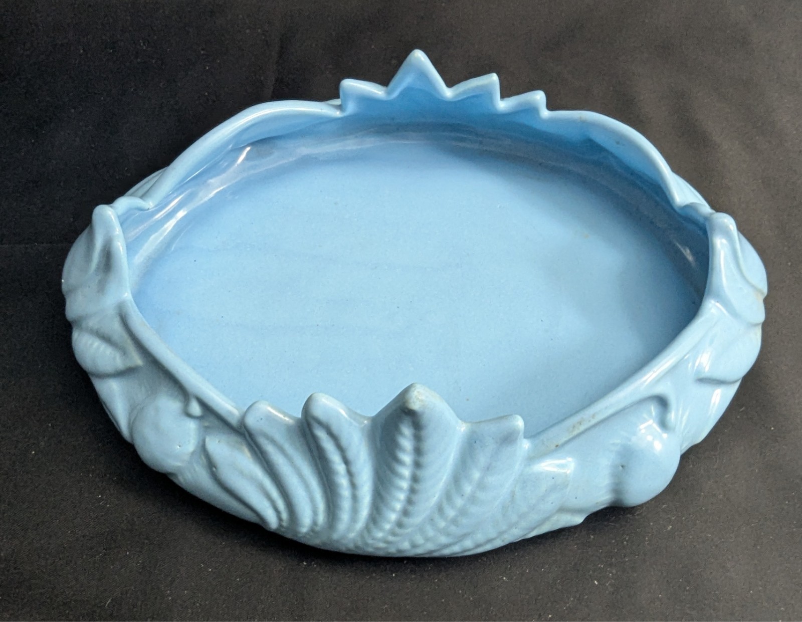 Vtg Camark Art Pottery Blue Shallow Bowl Planter & Bird Flower Frog Set (S4)