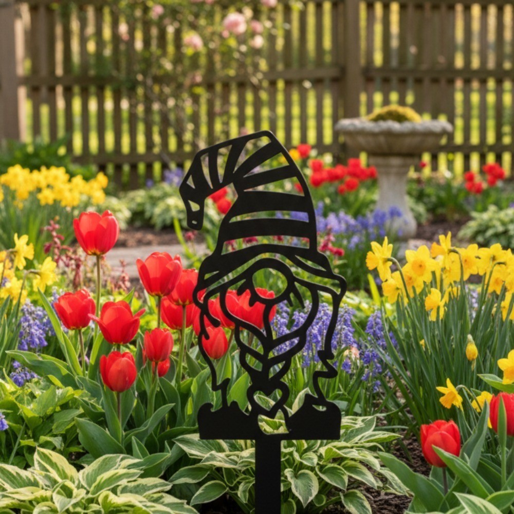 Fairy Garden Steel Sculpture with Pointed Hat Whimsical Outdoor Yard Patio Decor