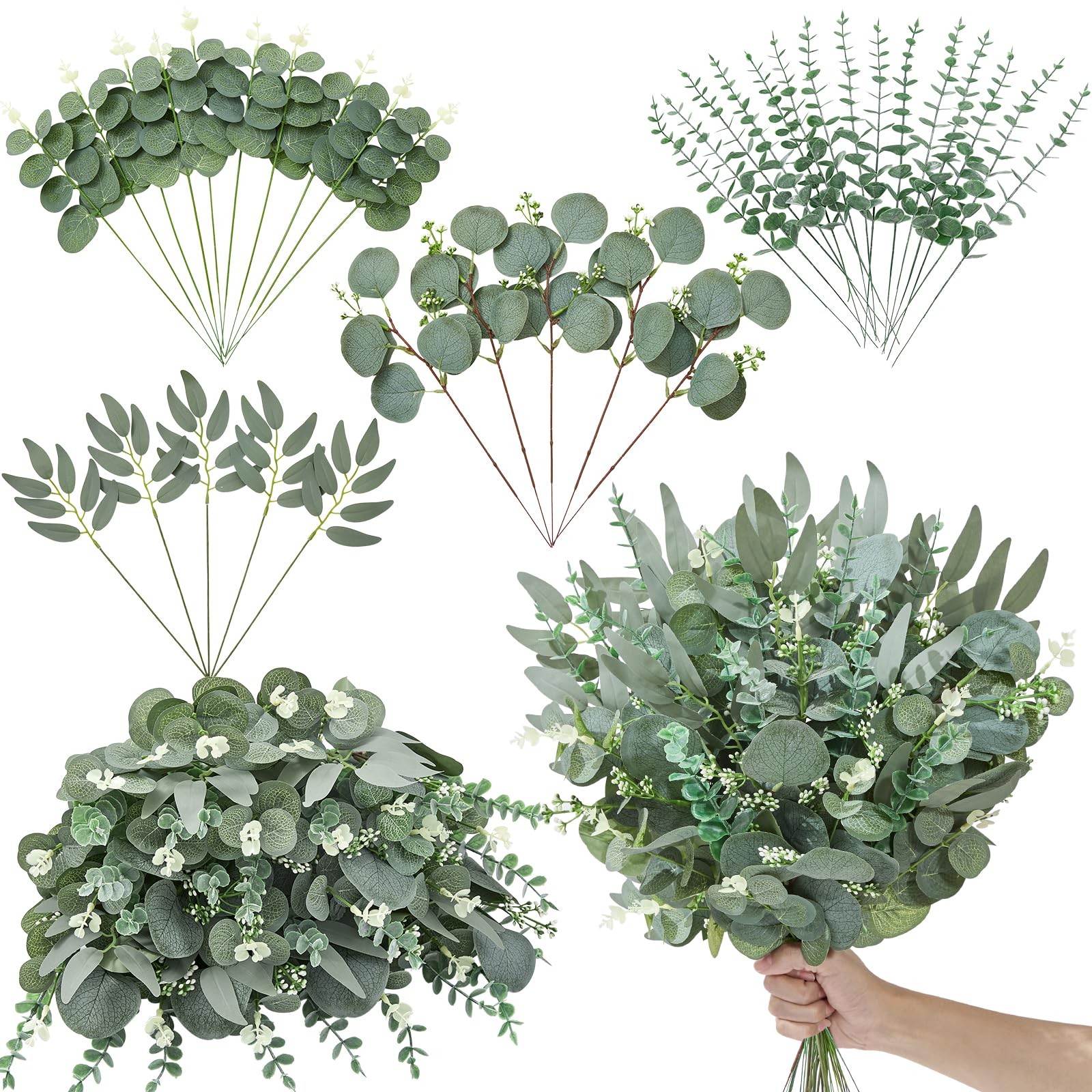 35pcs Artificial Mixed Eucalyptus Stems Leaves Bulk, 4Kinds Fake Greenery Sil…